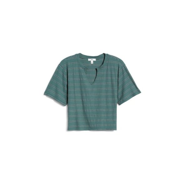 NWT BP SPLIT NECK RIBBED T-SHIRT IN GREEN TREKKING BELLA STRIPE Sz S - Picture 3 of 5